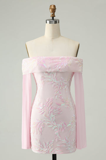 Vestido de cóctel de manga larga con hombros descubiertos y lentejuelas rosa
